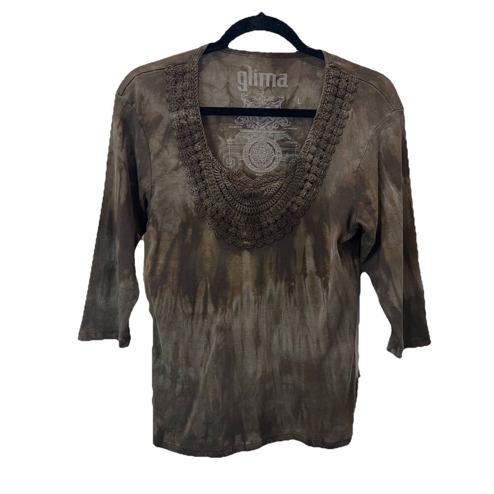Glima Brown Tie Dye Shirt Womens Size L 3/4 Sleeve Hippie Boho Crochet Neck